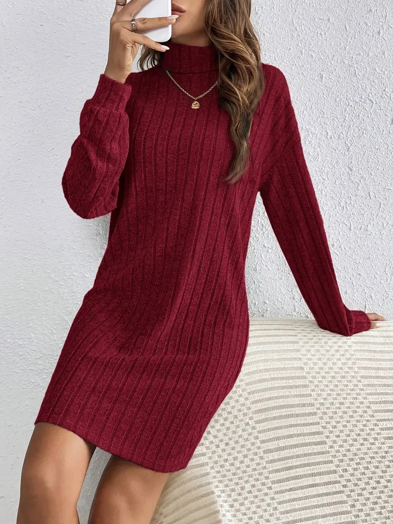 Robe pull mini côtelée tendance pour femmes avec col roulé et manches longues