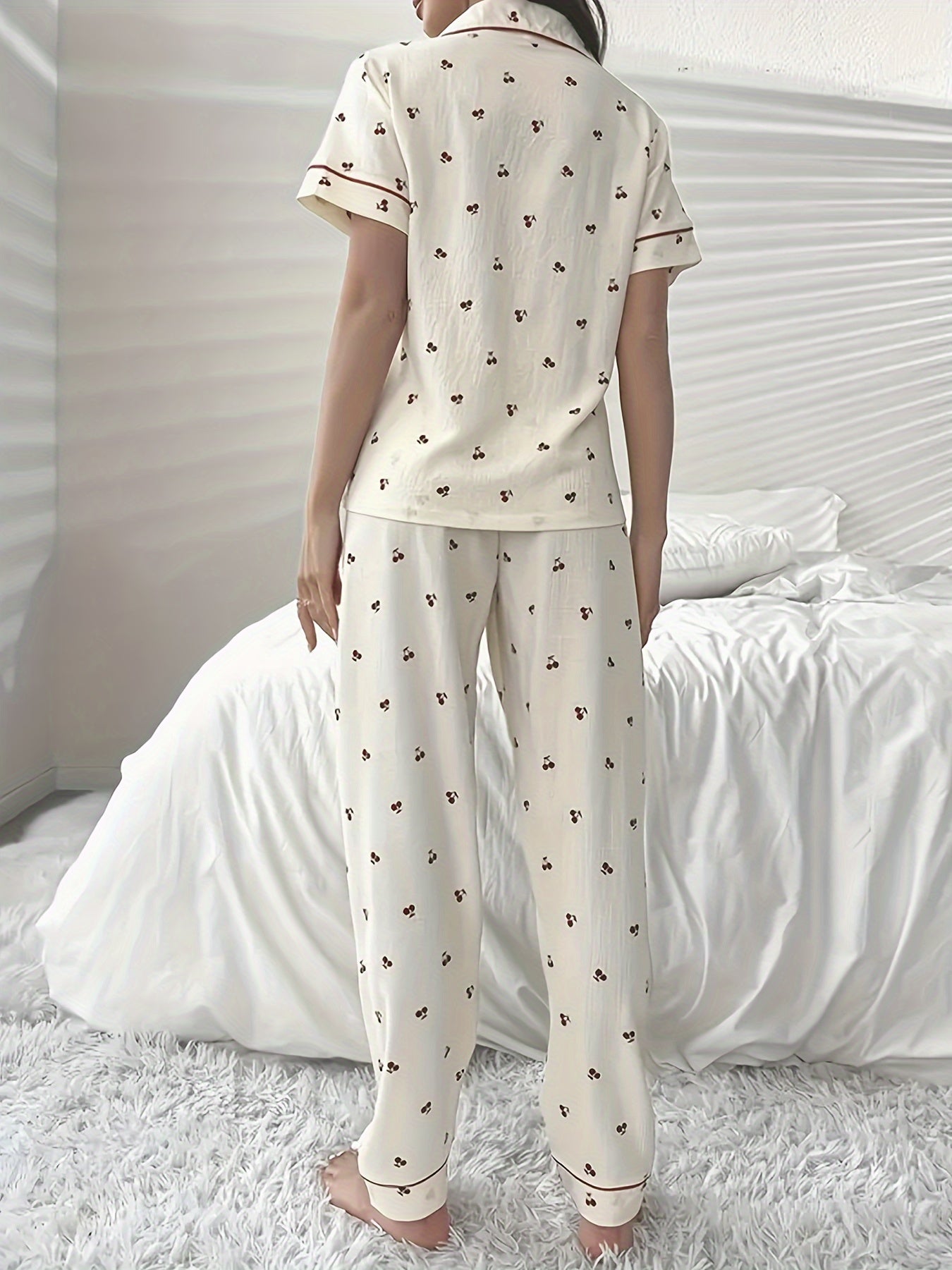Witte Zachte Print Pyjama Set Vrouwen Korte Mouwen