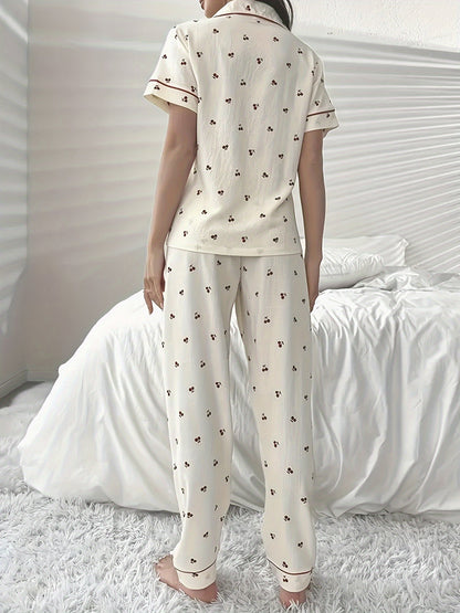 Witte Zachte Print Pyjama Set Vrouwen Korte Mouwen