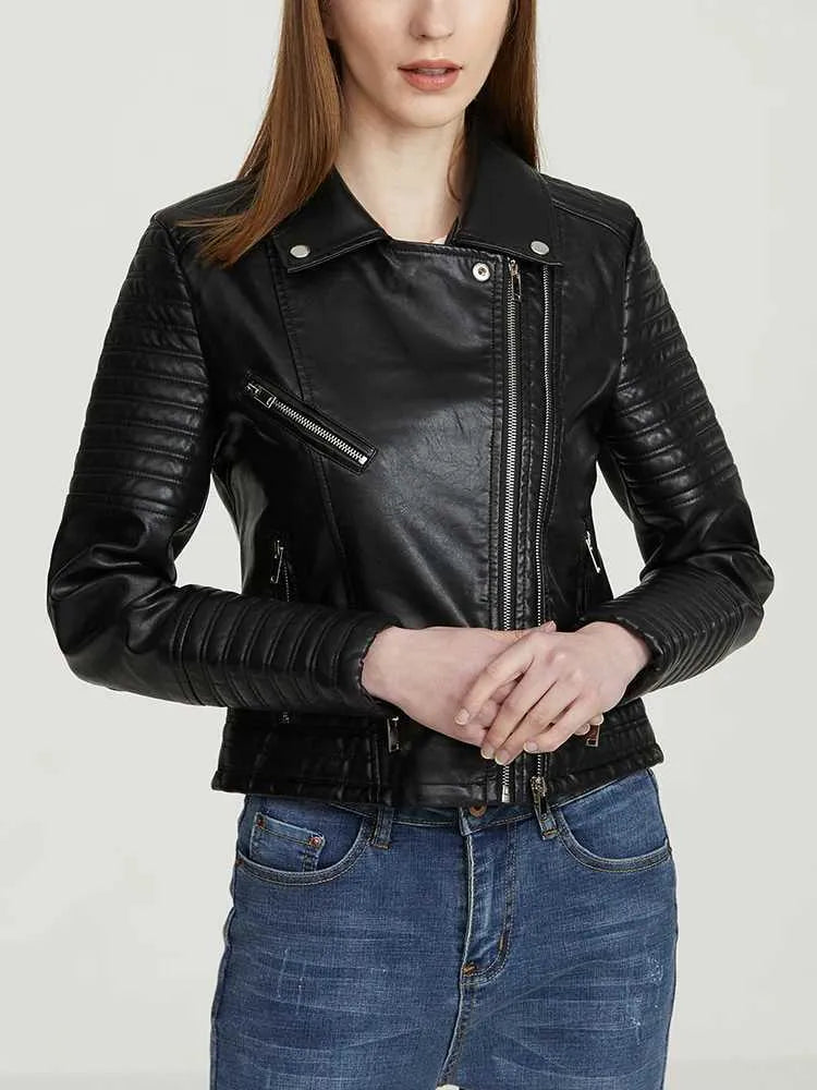 Zwarte Leren Dames Jas Met Ritszakken