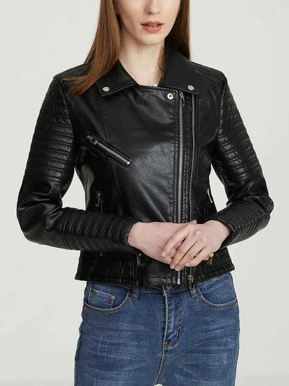 Zwarte Leren Dames Jas Met Ritszakken