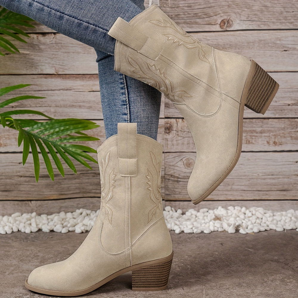 Bottes western cowboy beige pour femmes, hauteur mollet, talon bloc et fermeture éclair latérale