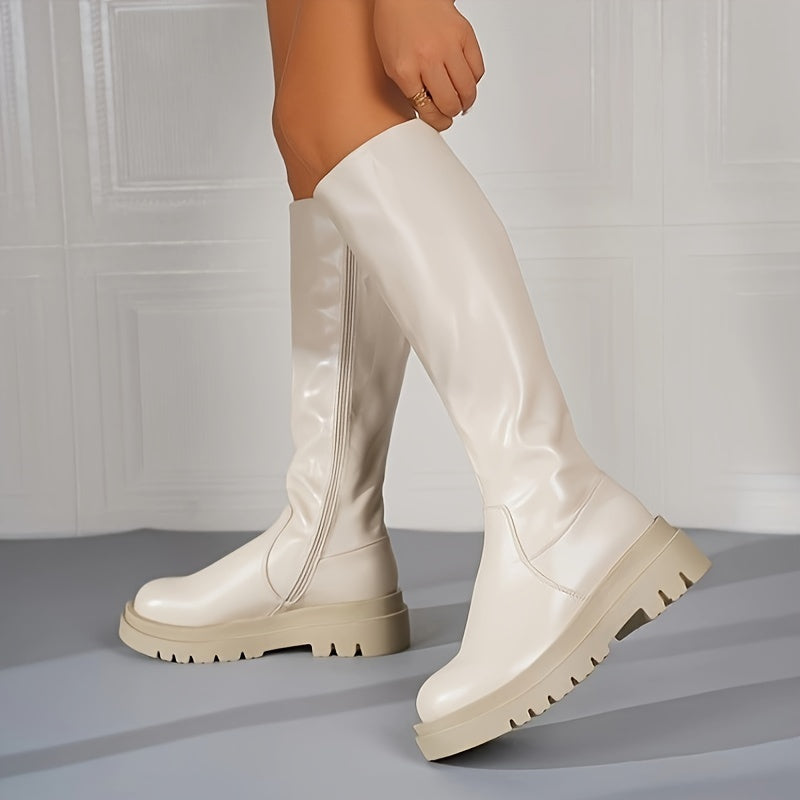 Bottes blanches montantes pour femmes avec fermeture éclair et semelle antidérapante