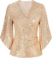 Festive Glitter Sequin Women's Blouse with V-Neck