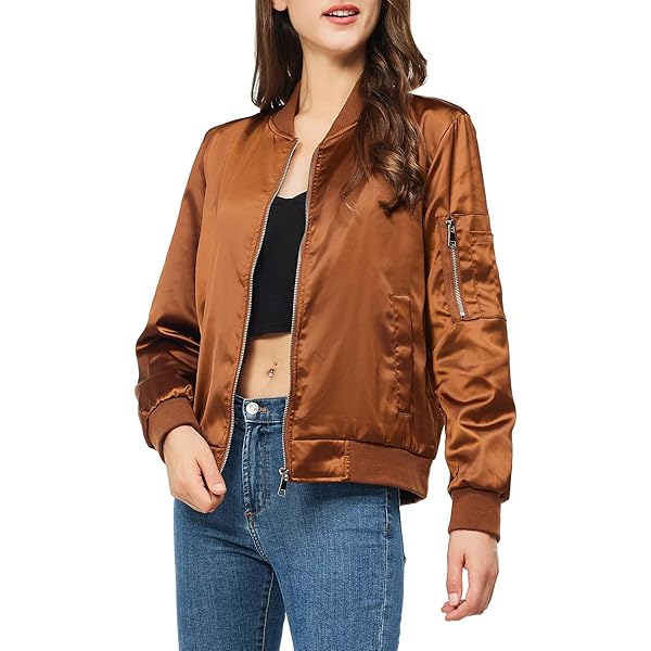 Women's Bomber Jacket with Zipper, Sleeve Pocket, and Ribbed Cuffs
