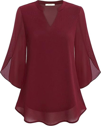 Luchtige Losvallende Blouse Dames met Splitnek en Driekwartmouwen