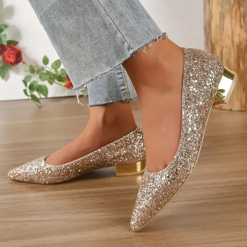 Festive Glitter Pumps with Low Block Heel and Pointed Toe for Women