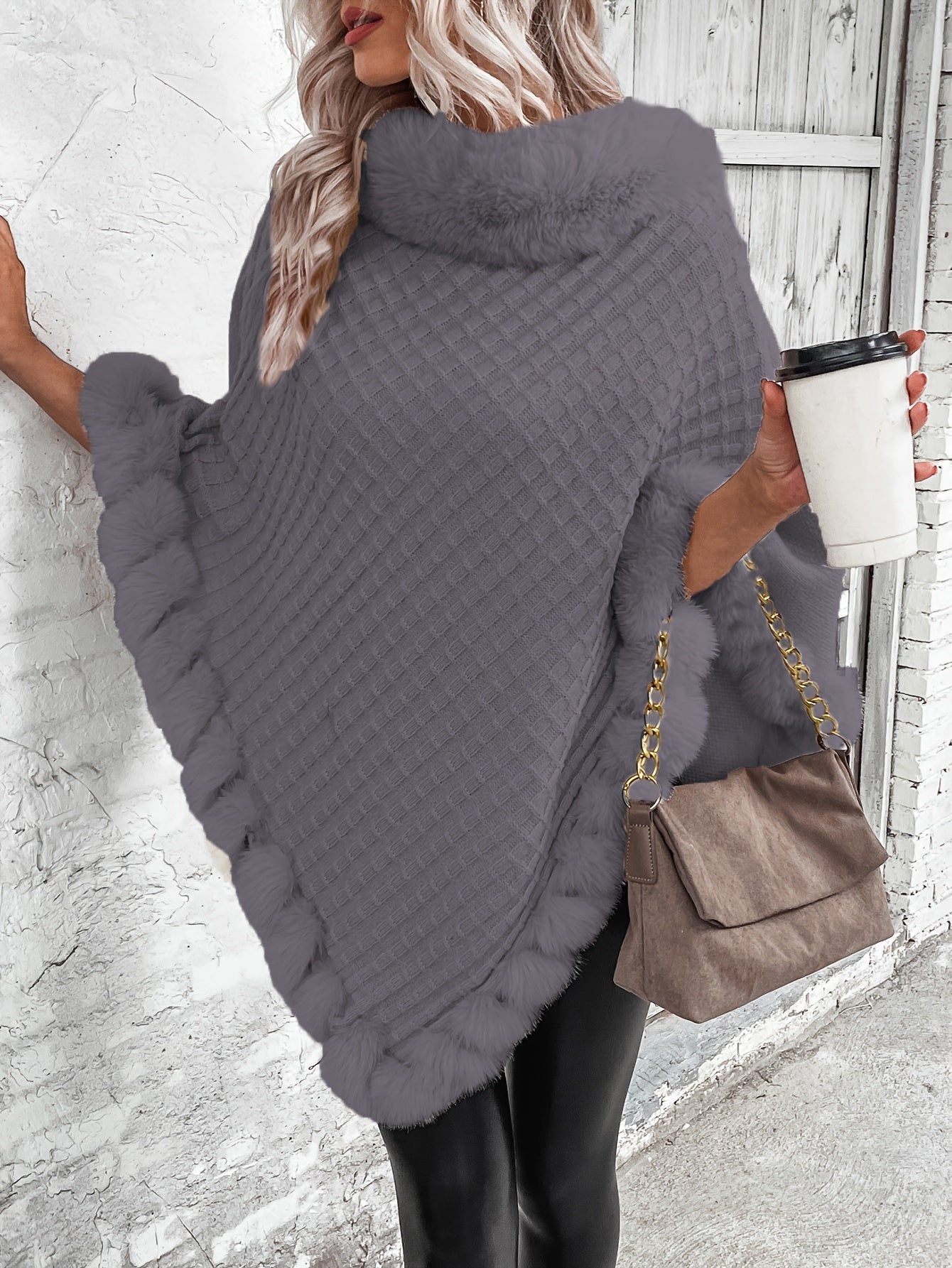 Stijlvolle Warme Poncho Trui Voor Dames Met Bont Col