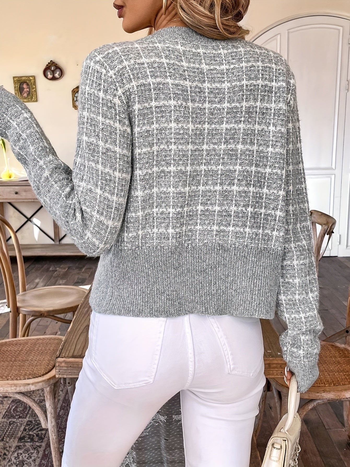 Geruite Gebreide Cardigan met Knoopsluiting voor Vrouwen