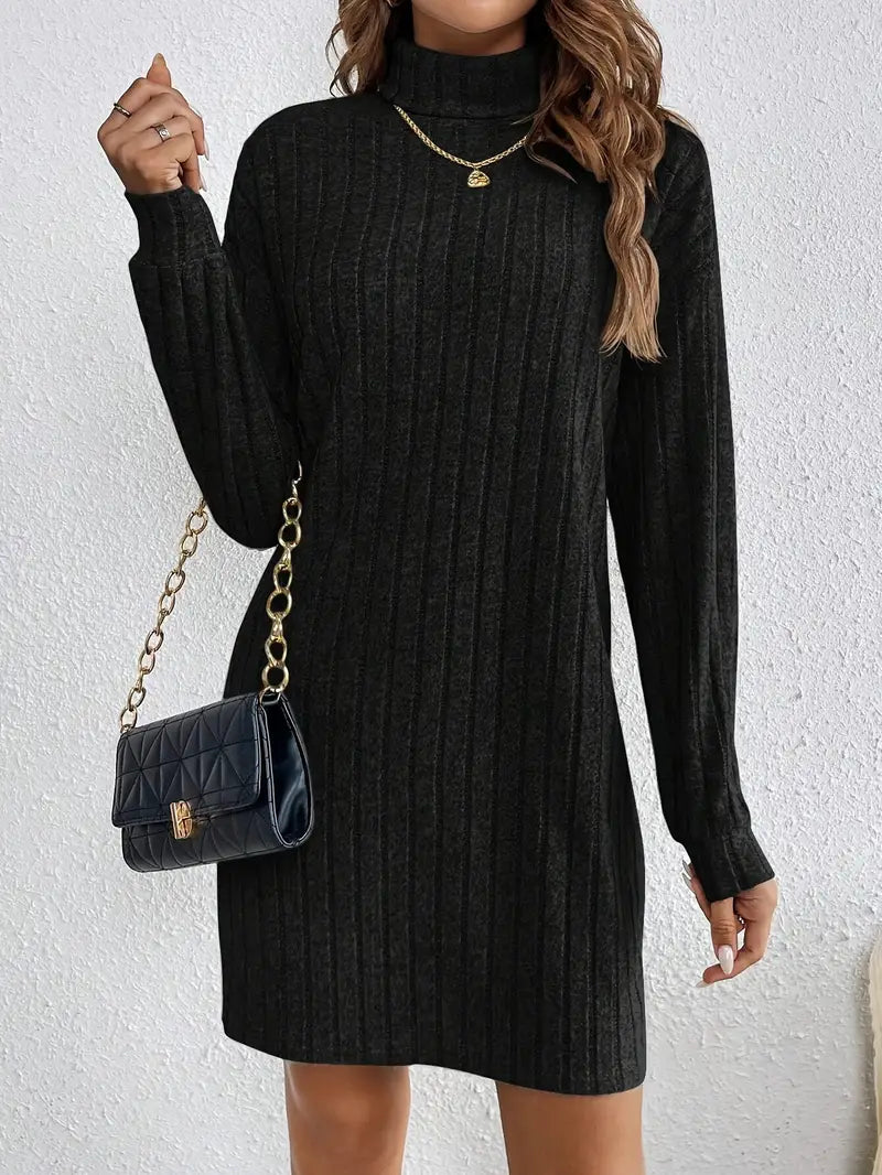Robe pull mini côtelée tendance pour femmes avec col roulé et manches longues