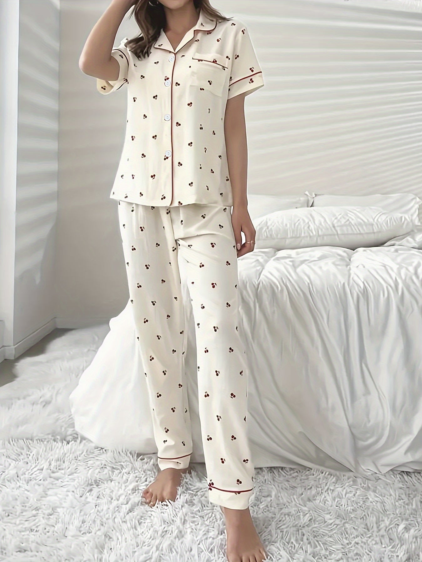Witte Zachte Print Pyjama Set Vrouwen Korte Mouwen
