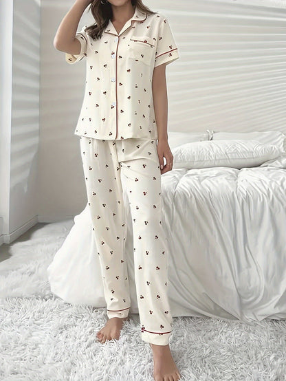 Witte Zachte Print Pyjama Set Vrouwen Korte Mouwen