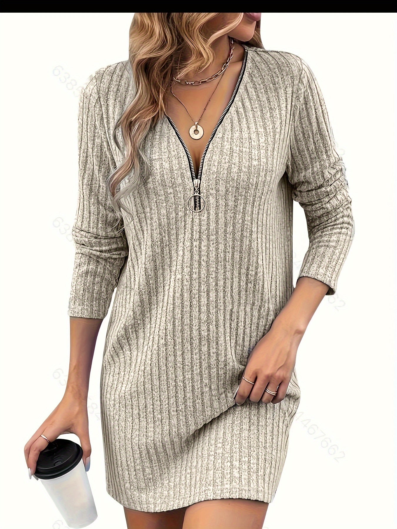 Trendy Geribde Mini Sweaterjurk Voor Dames Met Rits V-Hals