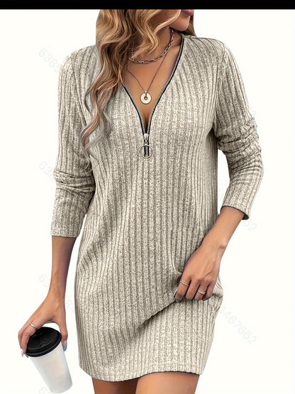 Trendy Geribde Mini Sweaterjurk Voor Dames Met Rits V-Hals