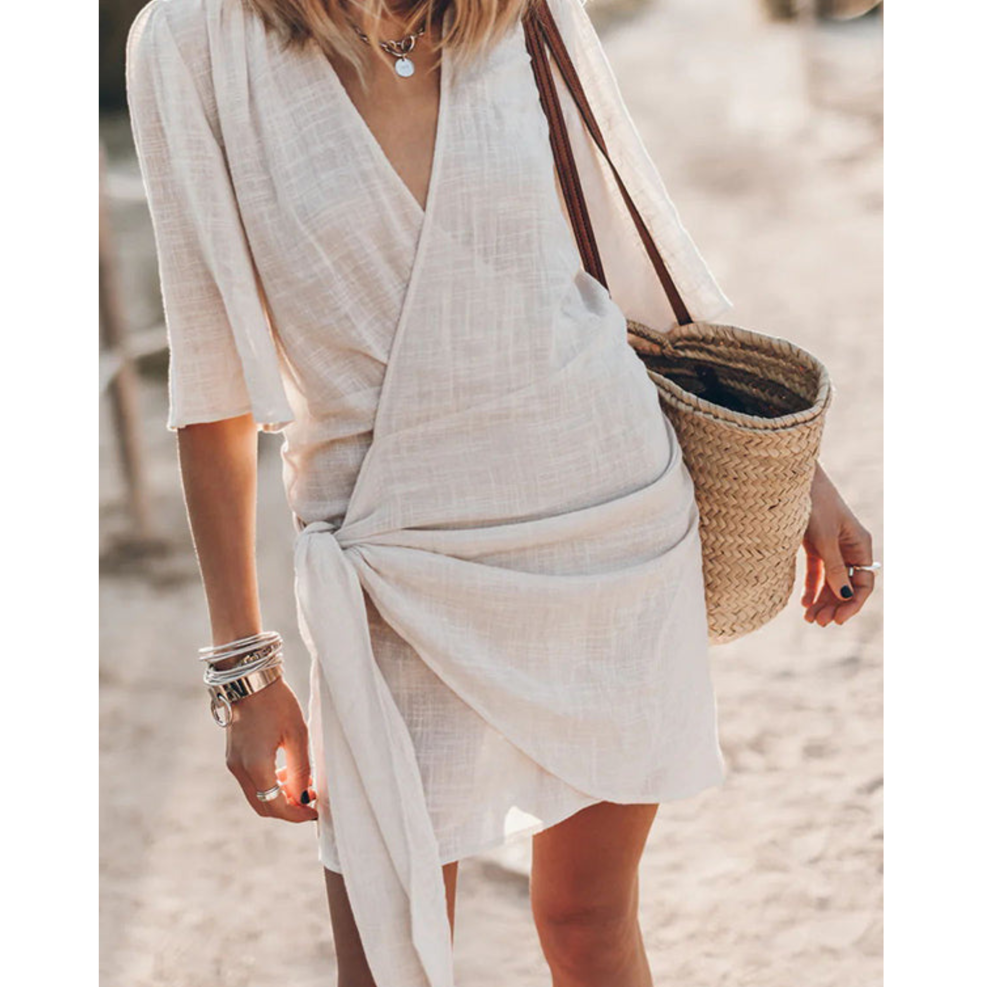 Linen Beach Dress for Women with Wrap Design