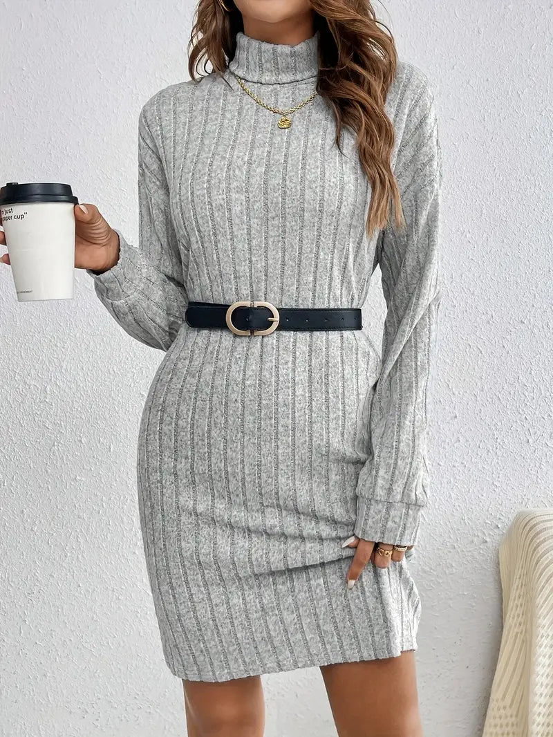 Robe pull mini côtelée tendance pour femmes avec col roulé et manches longues