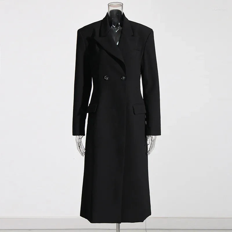Zwart Lange Wollen Trenchcoat Met Revers Voor Vrouwen
