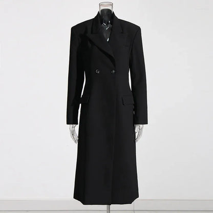 Zwart Lange Wollen Trenchcoat Met Revers Voor Vrouwen