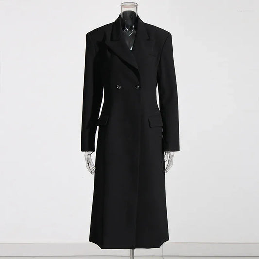 Zwart Lange Wollen Trenchcoat Met Revers Voor Vrouwen