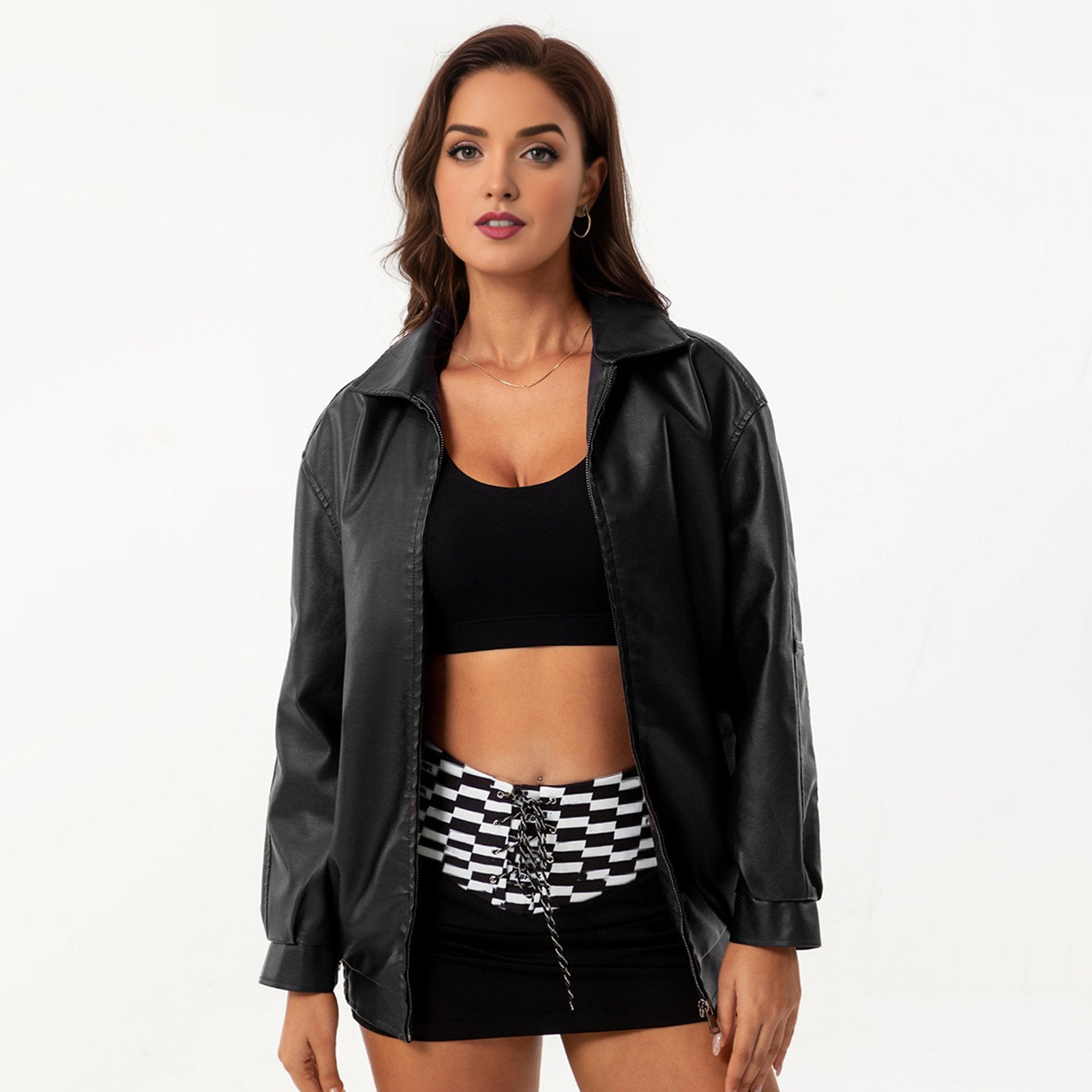 Bomber Oversize en Similicuir pour Femme avec Poches