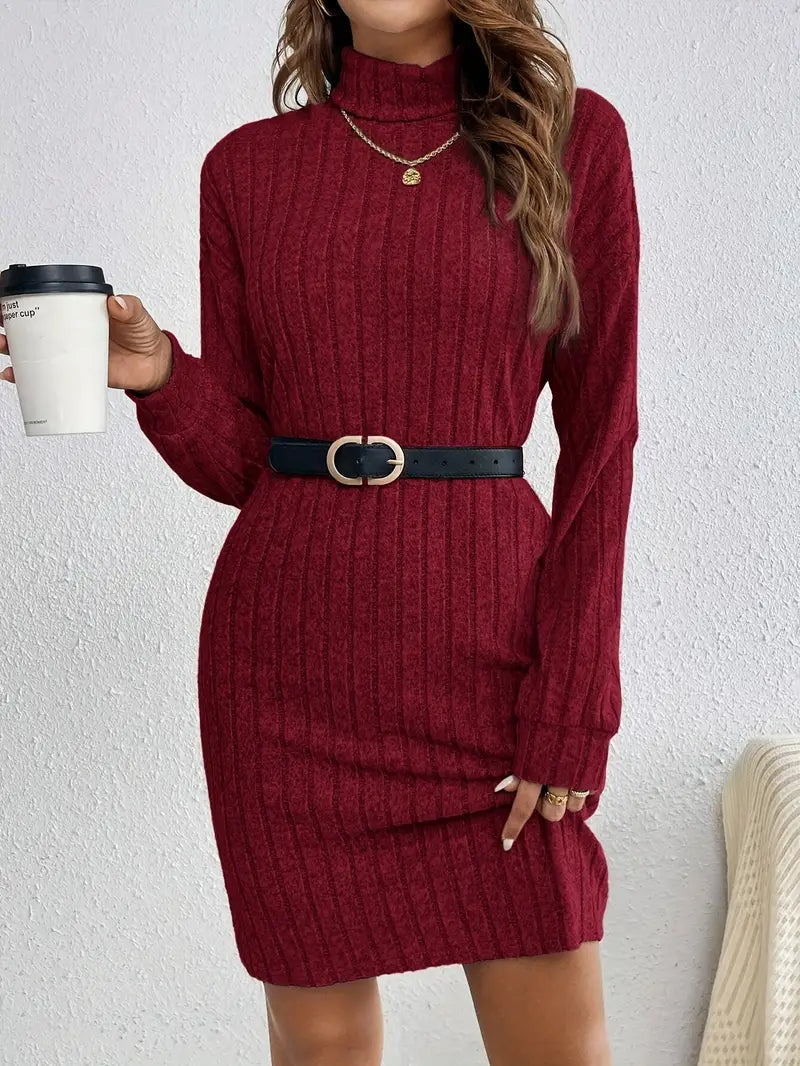Robe pull mini côtelée tendance pour femmes avec col roulé et manches longues