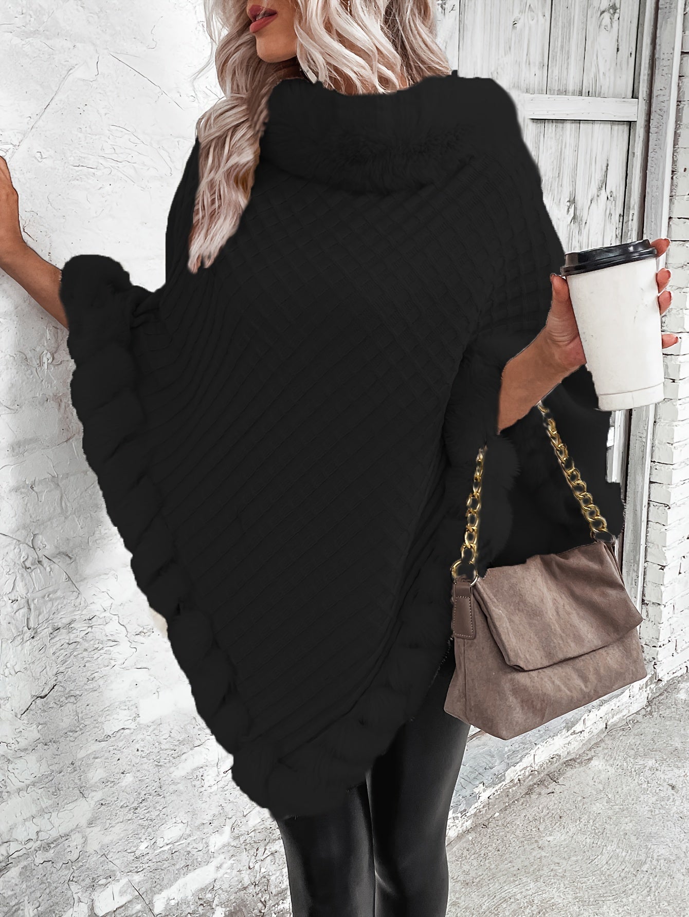 Stijlvolle Warme Poncho Trui Voor Dames Met Bont Col