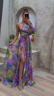 Purple Maxi Dress With One Shoulder And Floral Print