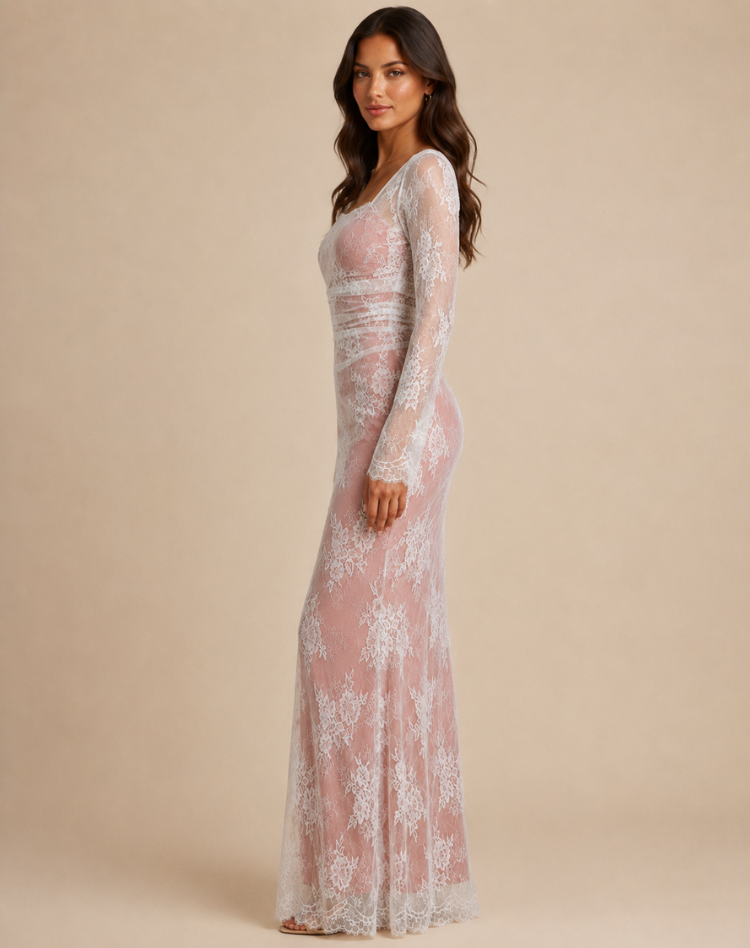 Robe de soirée maxi en dentelle pour femmes avec manches longues et silhouette élégante
