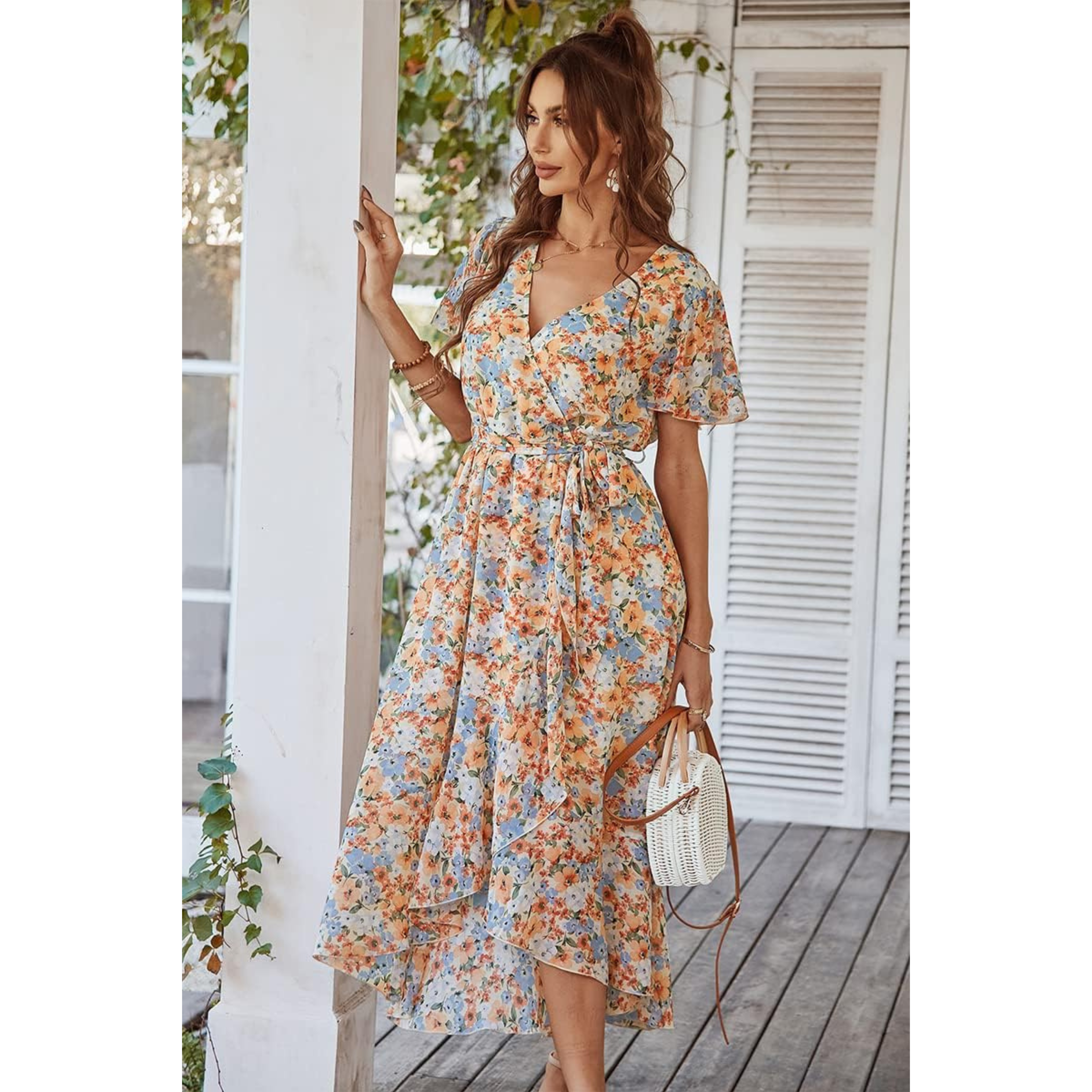 Robe portefeuille à imprimé floral et volants pour femmes