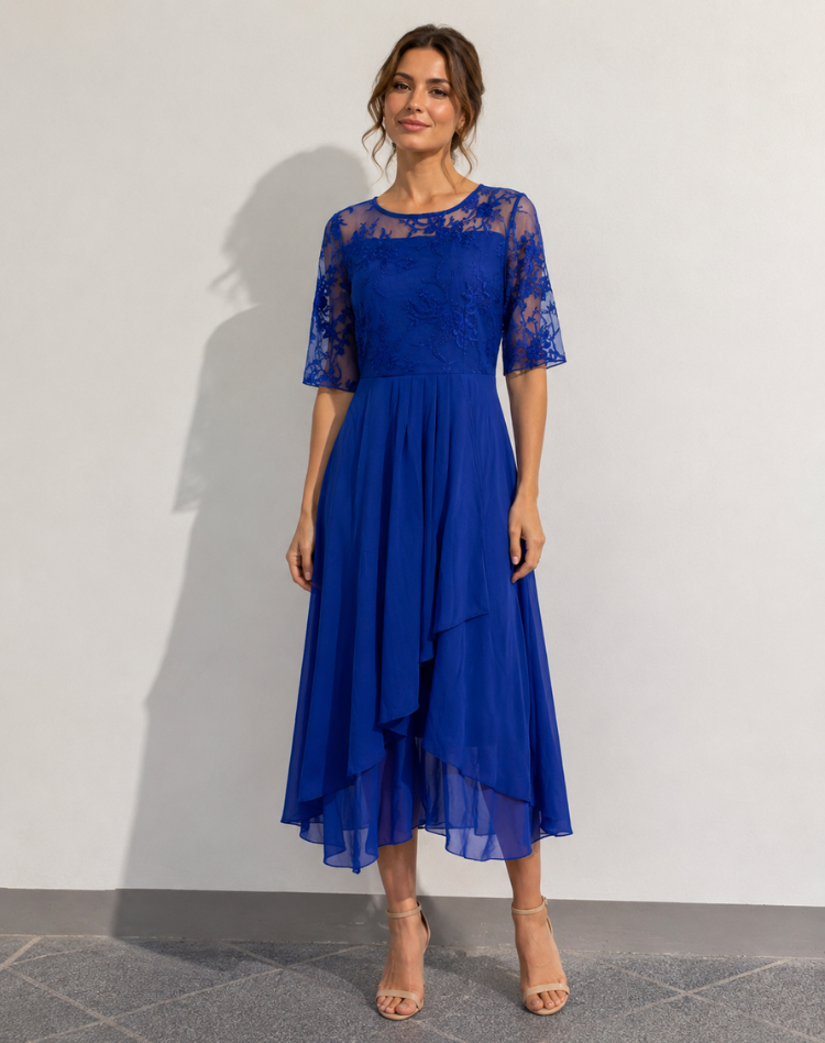 Robe midi élégante femme avec dentelle et coupe fluide confortable