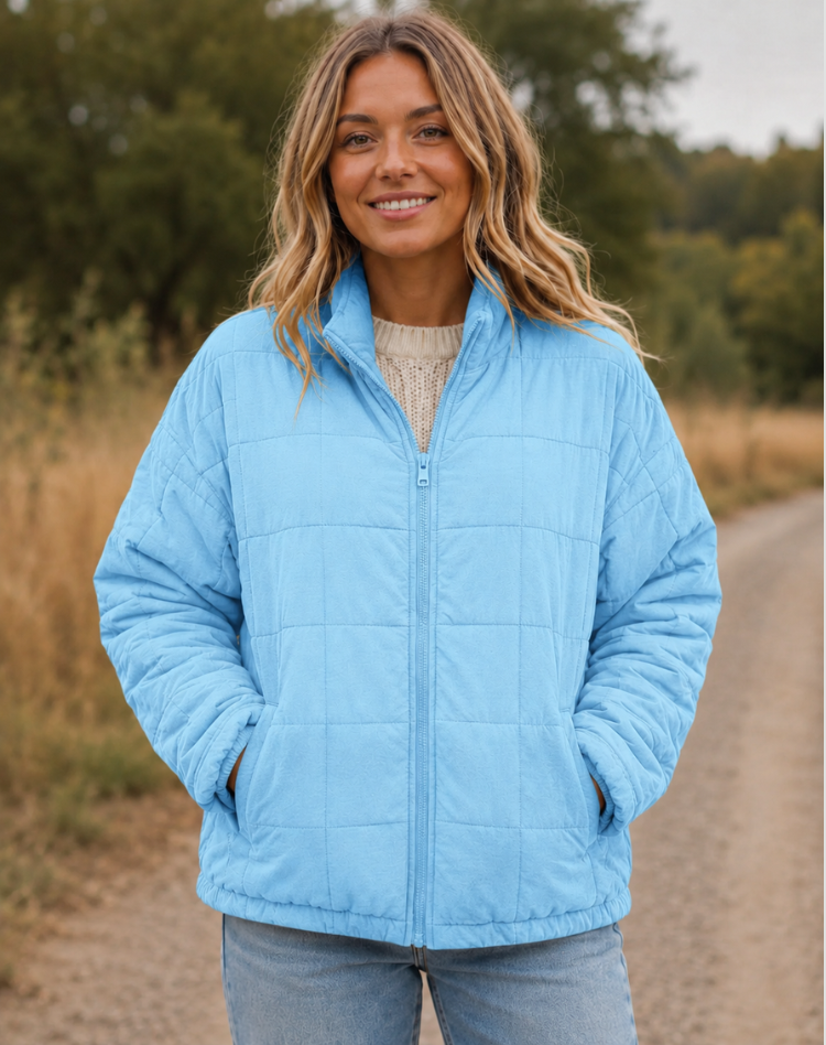 Quilted Bomber Jacket with Zipper and Side Pockets