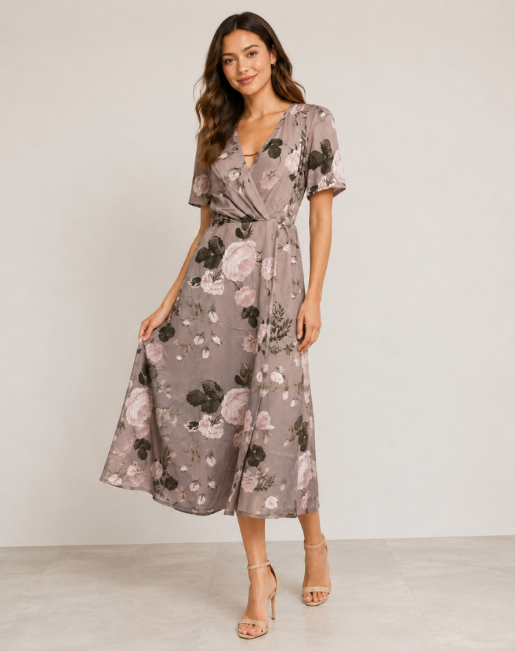 Cocktail Wrap Dress with V-Neck and Print for Women