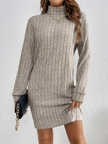 Trendy Geribde Mini Sweaterjurk Voor Dames Met Col En Lange Mouwen