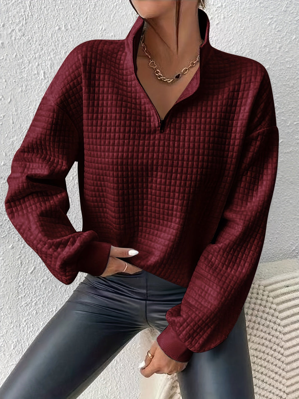 Dames Casual Sweater met Kwartrits en Wafelstructuur