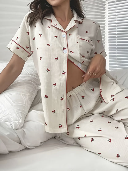 Witte Zachte Print Pyjama Set Vrouwen Korte Mouwen