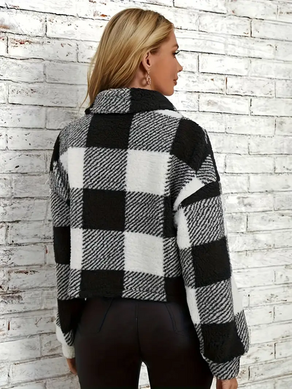 Korte Zachte Geruite Fleece Jas voor Dames