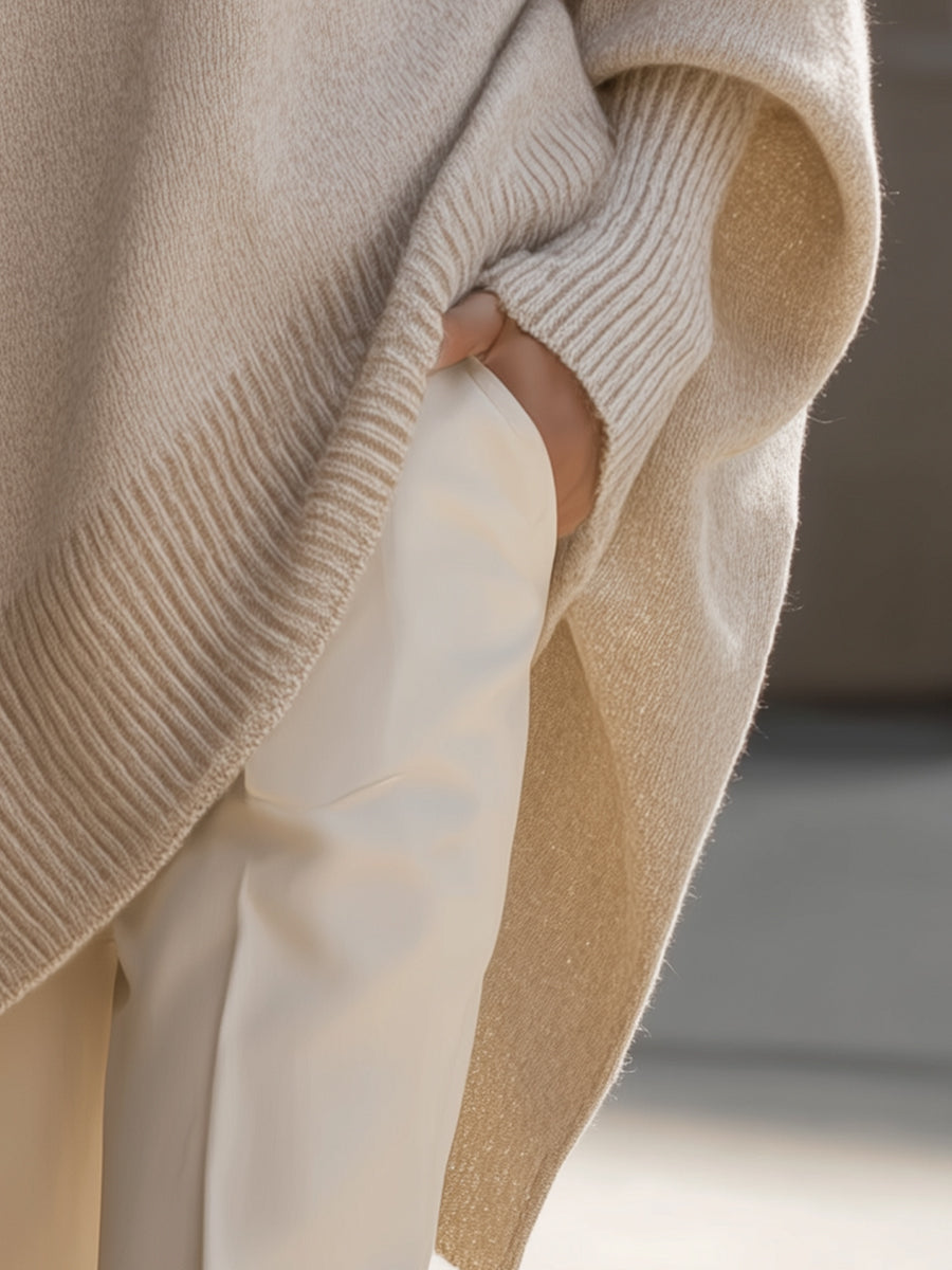 Dames Luxe Gebreide Trui met Ronde Hals en Asymmetrische Zoom