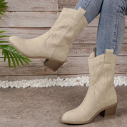 Dames Beige Western Cowboylaarzen Kuithoog Met Blokhak En Zijsrits