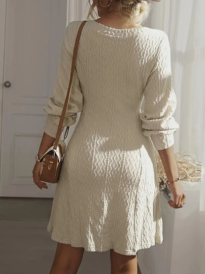 Dames Mini Sweaterjurk Wit V-hals Lange Mouwen Chique met Relief