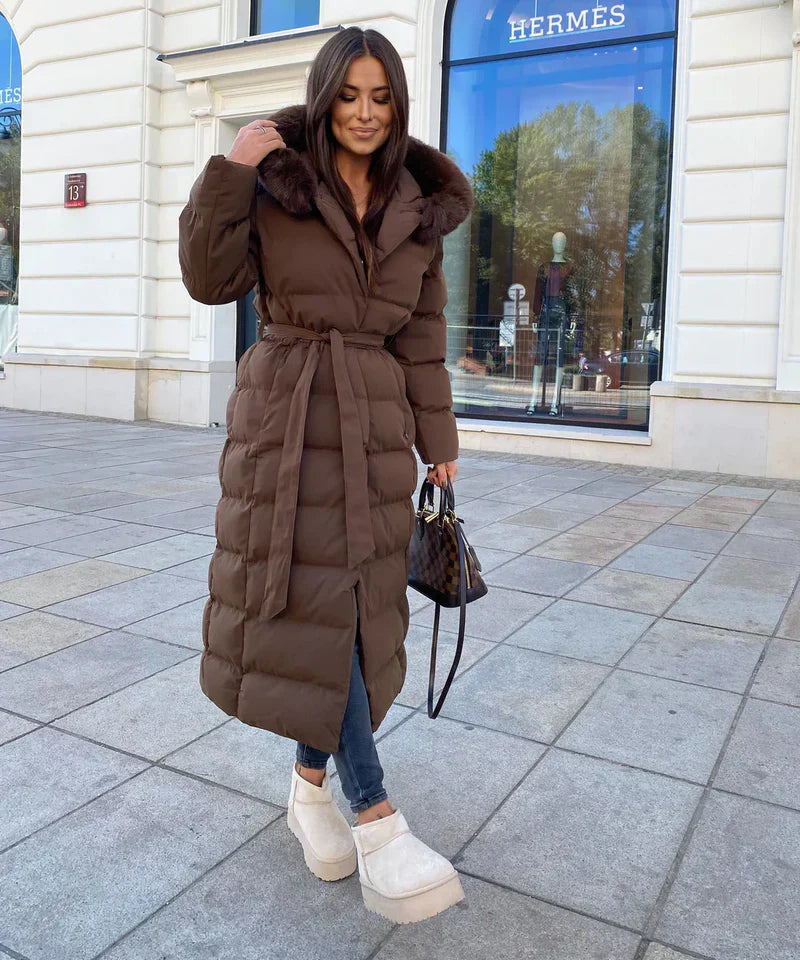 Lange Puffer Winterjas met Capuchon en Bontkraag voor Vrouwen