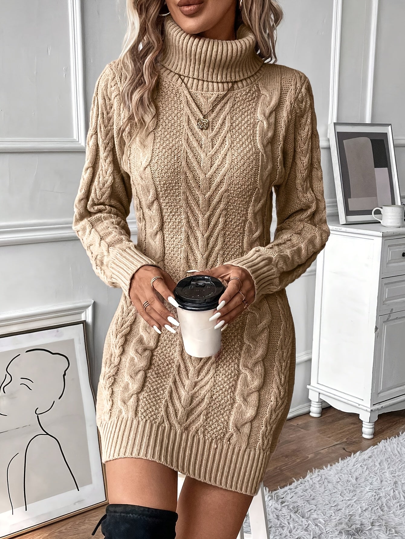 Chique Col Mini Sweaterjurk Voor Vrouwen Met Kabelpatroon