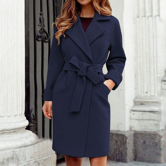 Elegante Midi Blazer Jas Voor Dames Met Strikceintuur En Reverskraag