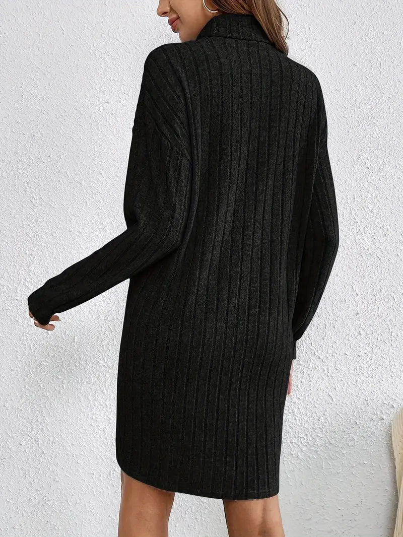 Trendy Geribde Mini Sweaterjurk Voor Dames Met Col En Lange Mouwen