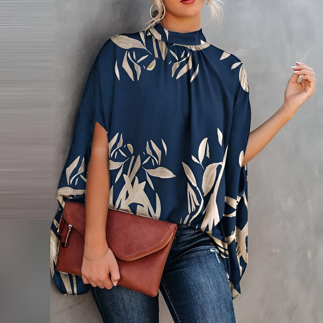 Elegante Blouse met Print en Vleermuismouwen Hoge Hals voor Dames