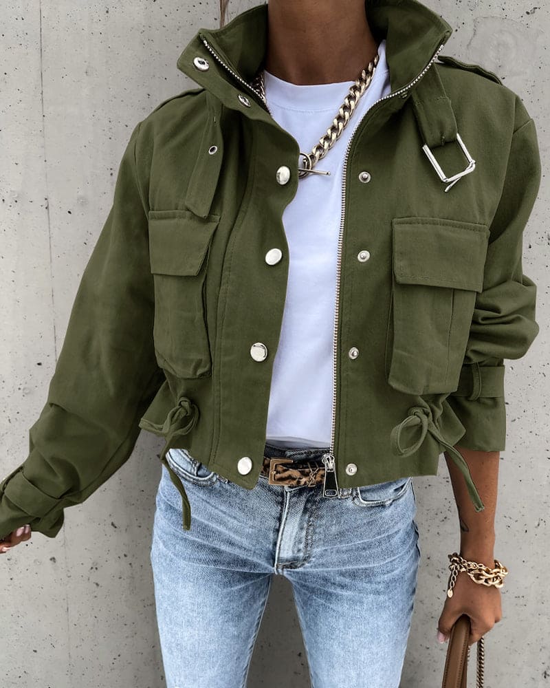 Women's Cropped Bomber Jacket with Pockets, Drawstring, and High Collar