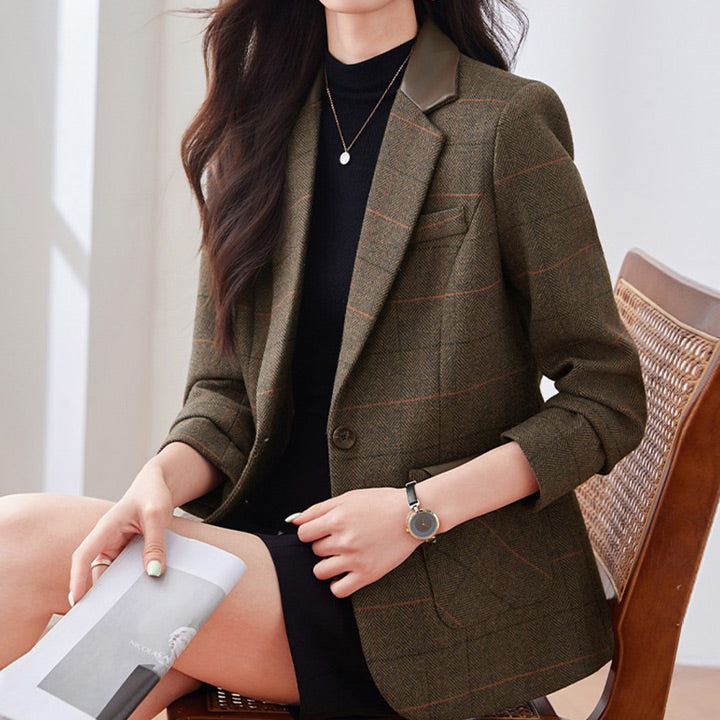 Bruine Geruite Elegante Leerlook Dames Blazer