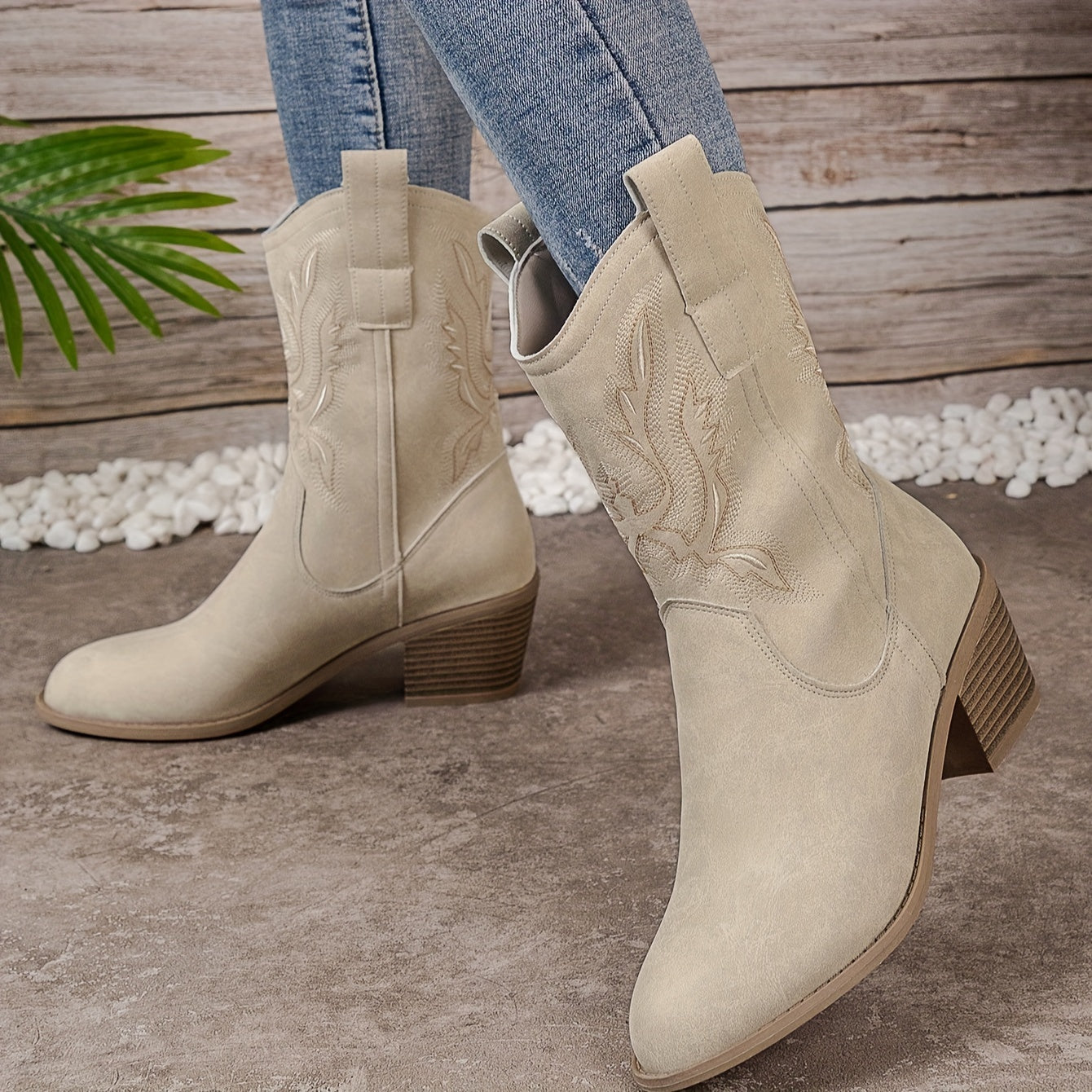 Dames Beige Western Cowboylaarzen Kuithoog Met Blokhak En Zijsrits