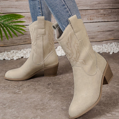 Dames Beige Western Cowboylaarzen Kuithoog Met Blokhak En Zijsrits