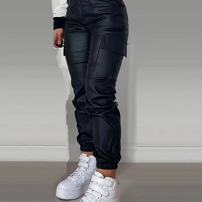 Trendy Hoge Taille Cargo Broek Voor Vrouwen Met Leerlook En Elastische Band