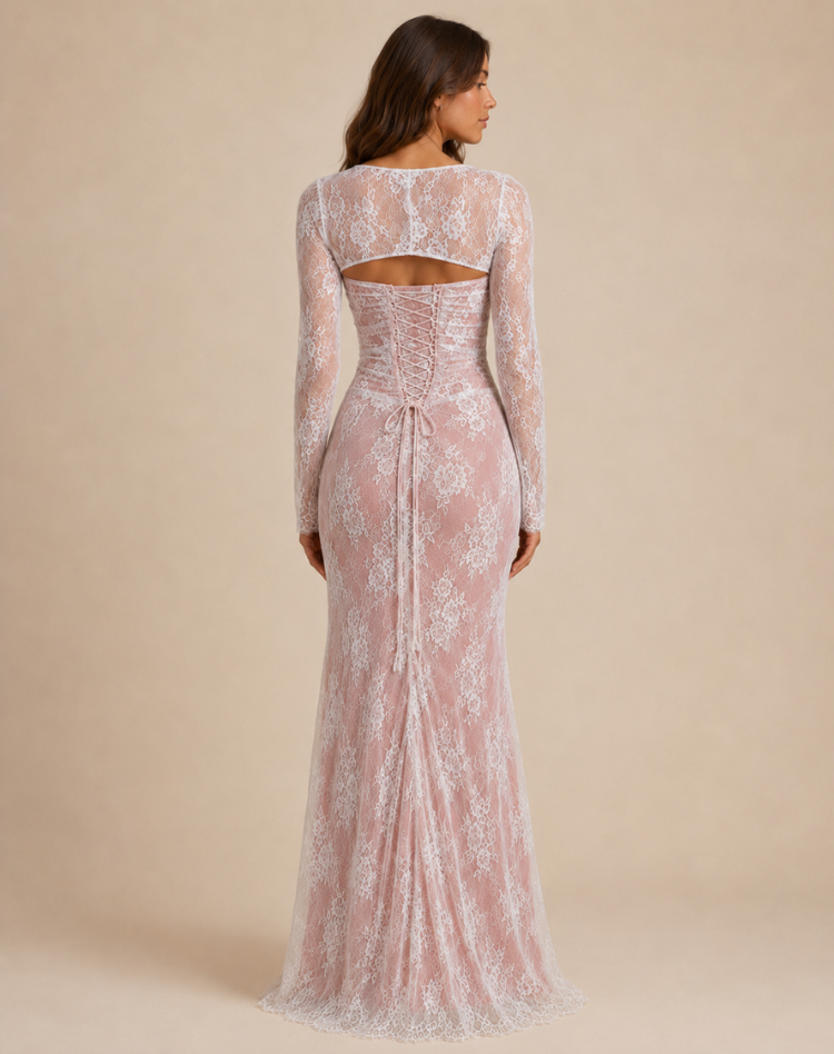 Robe de soirée maxi en dentelle pour femmes avec manches longues et silhouette élégante